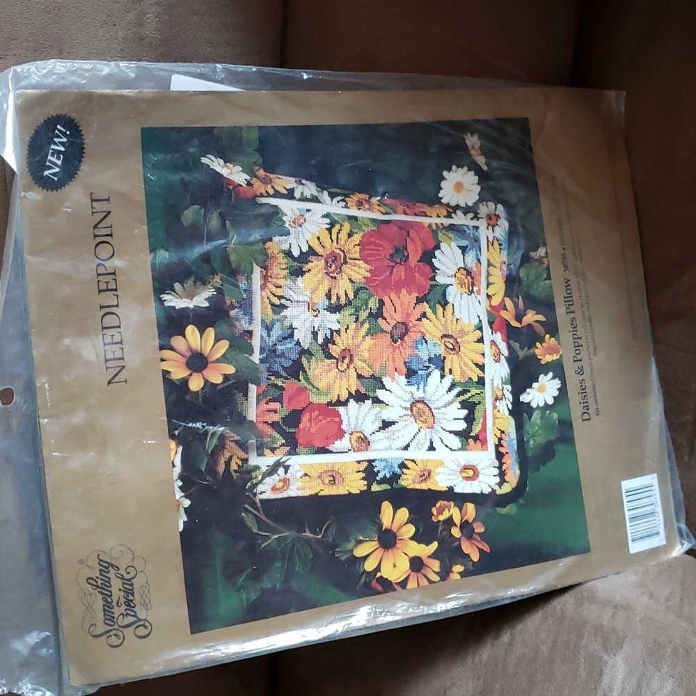 Daisies and Poppies needlepoint pillow kit